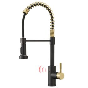 Single-Handle Touchless Sensor Gooseneck Pull-Down Sprayer Kitchen Faucet (Color: Black+Gold)
