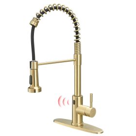 Single-Handle Touchless Sensor Gooseneck Pull-Down Sprayer Kitchen Faucet (Color: Brushed Gold)